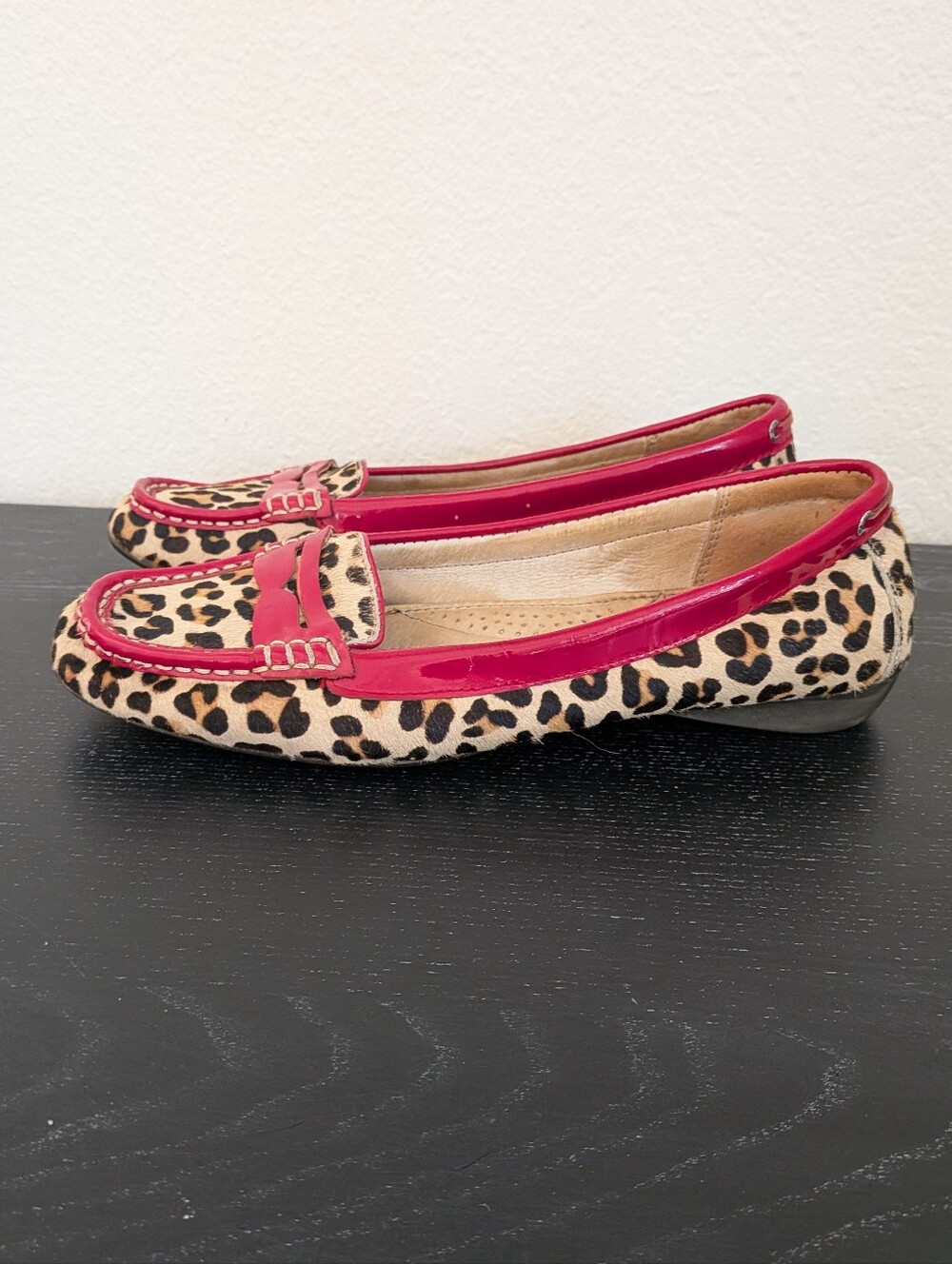 Sperry Top Sider Women's 9 Leather Penny Loafer Calf Hair Animal Print Red Trim